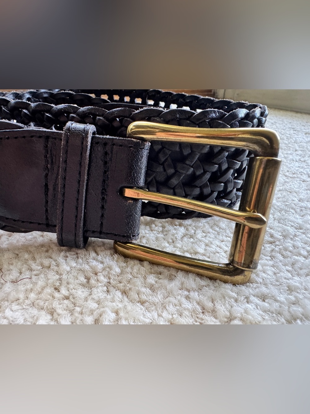 Talbots Black Genuine Leather Woven Braided Belt Gold Buckle XS NWT